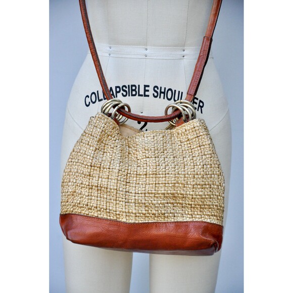 Saks Fifth Avenue Bag - Made in Italy Leather & Raffia Bag - Crossbody Shoulder - Picture 7 of 9